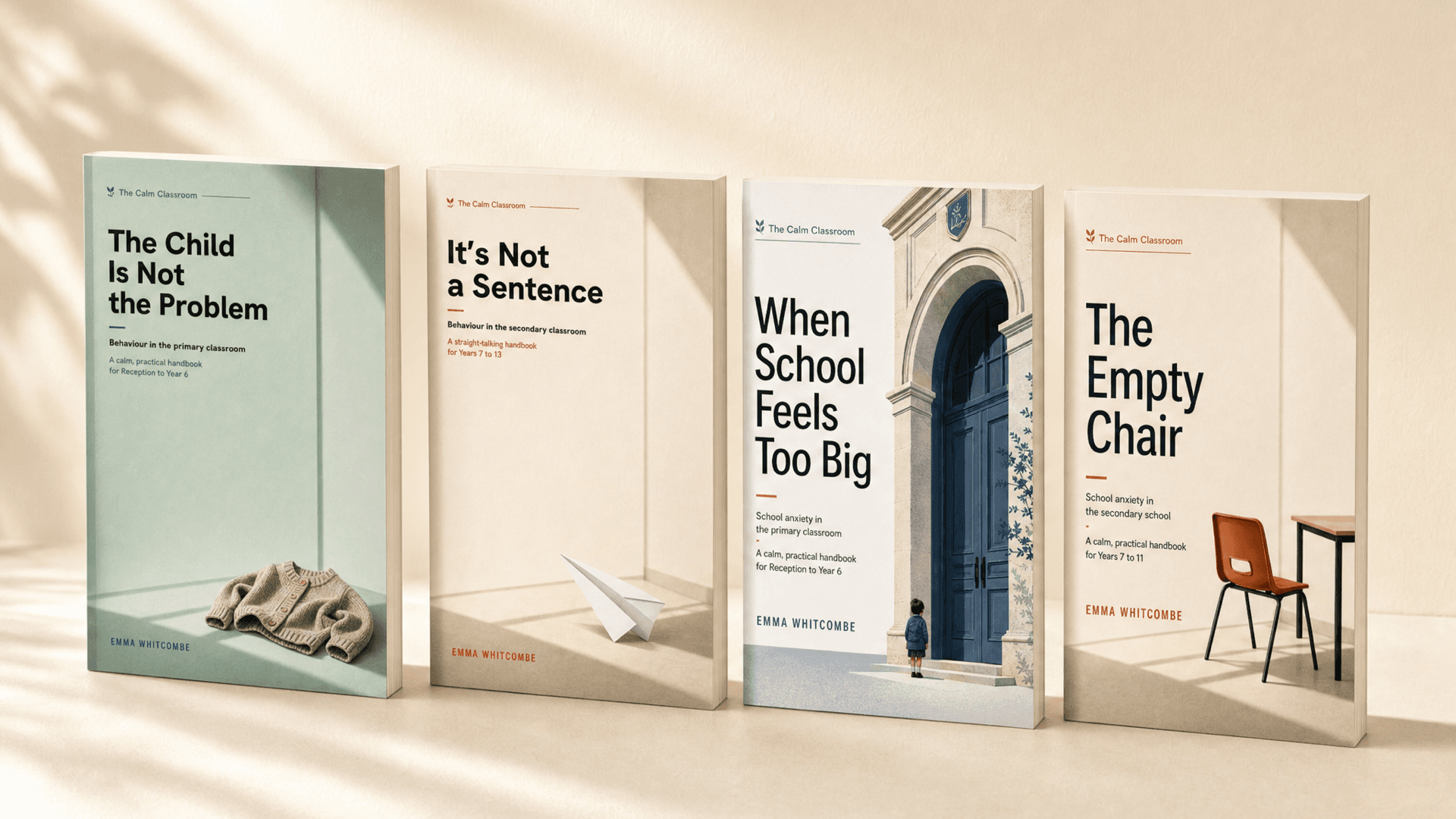 The four Calm Classroom paperbacks standing in a row